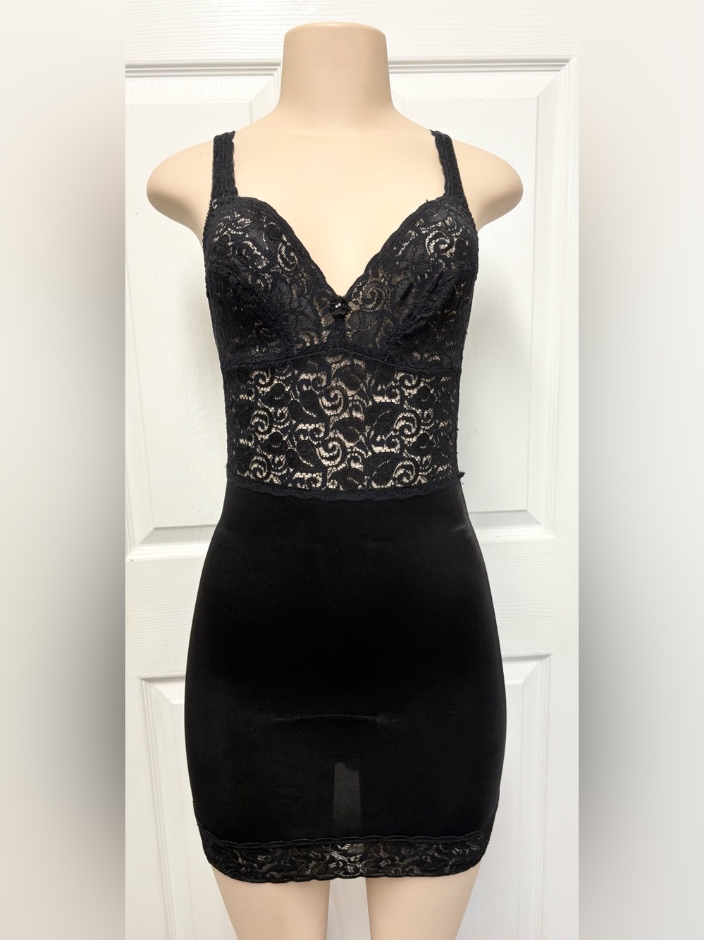 Vintage Subtract Black Lace Body Slip Shapewear Full Slip M 34 Pin Up Lingerie